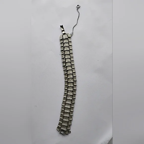 Art Deco Puccini Metal Crocodile Style Bracelet Wide Signed Silver Toned - Picture 14 of 15